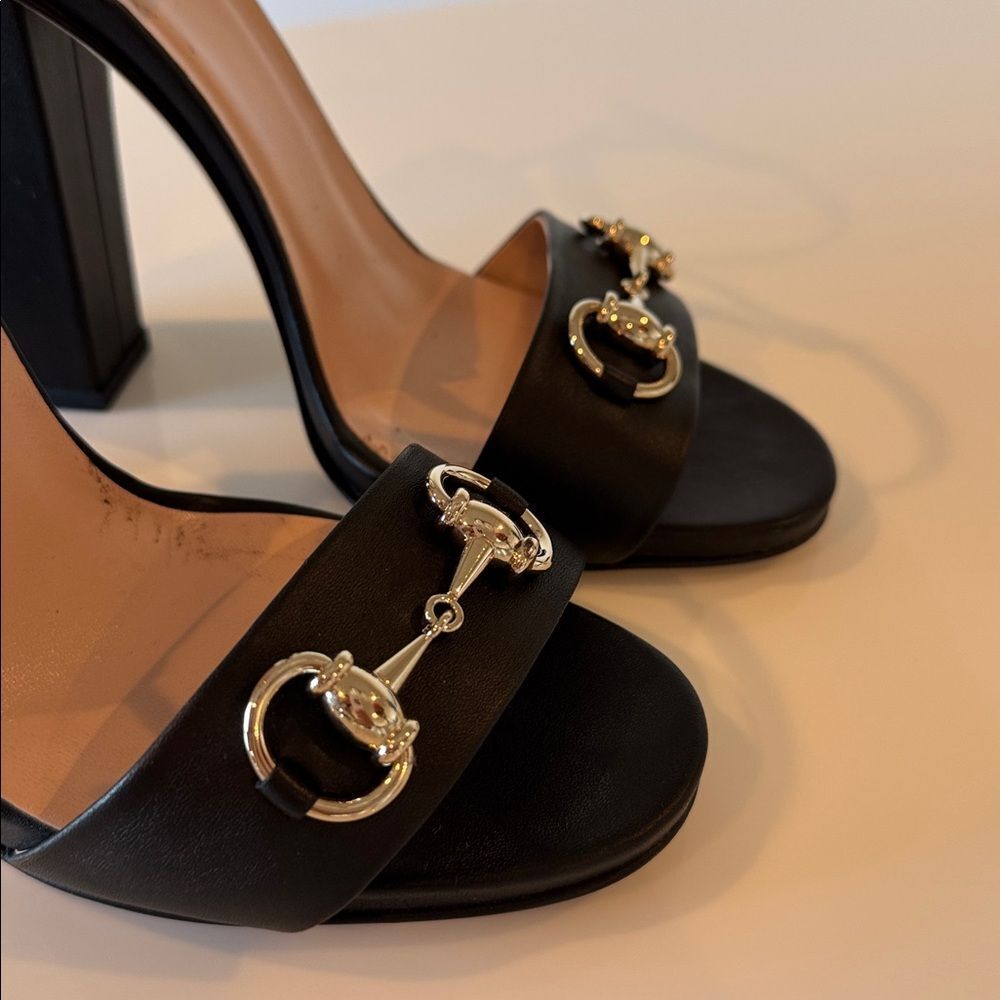 Gucci Miro Black Leather Silver Horsebit Strap Block Heels EU 37.5 US 7.5 Shoes - Picture 3 of 7